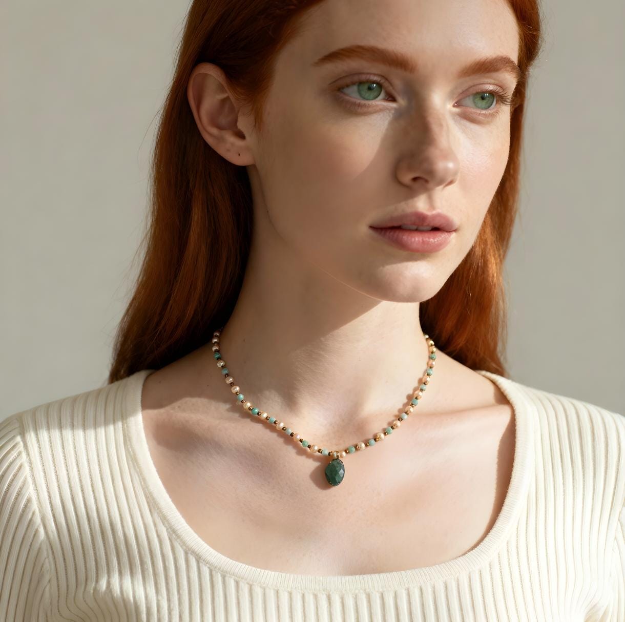 Bohemian Style Amazonite and Pearl Necklace