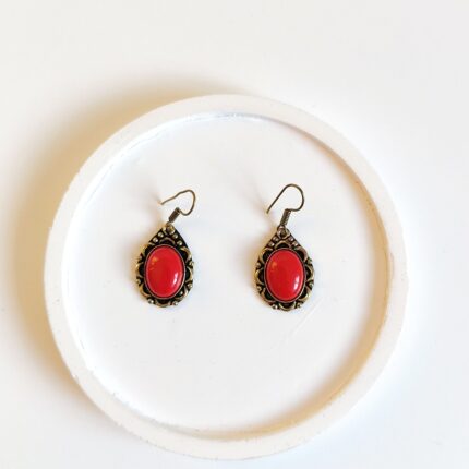 Handmade Antique Bronze Drop Earrings with Red Stones - Bohemart Boho Jewellery